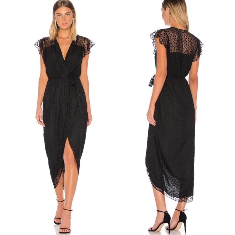 Amanda Uprichard Zelle Black Mesh Star Faux Wrap Midi Dress